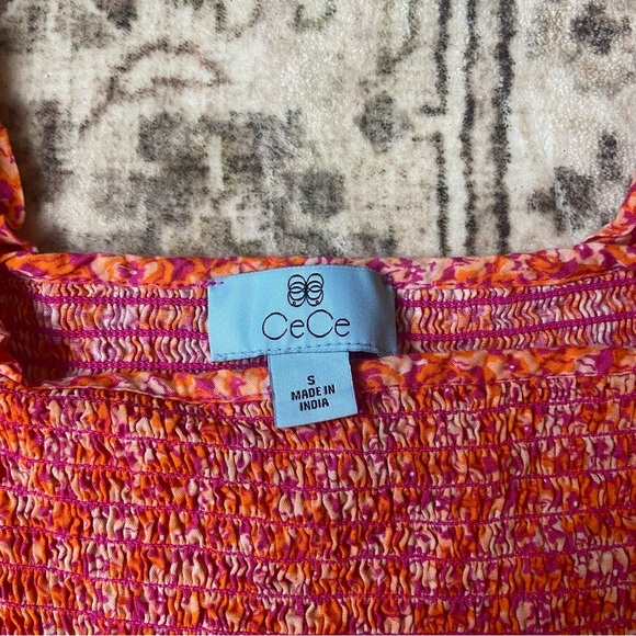 Cece Vibrant Orange Pink Floral Blouse Smocked Peplum Puff Sleeve Small - Picture 6 of 10